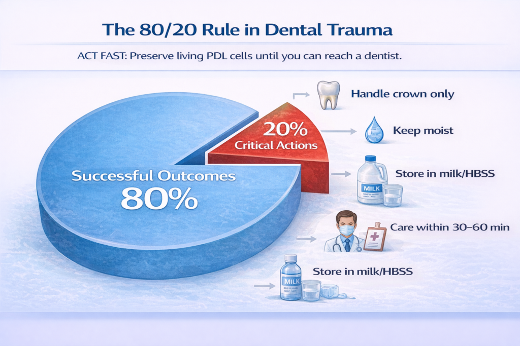 Pie chart illustrating the 80/20 rule in dental trauma: 20% critical actions lead to 80% successful outcomes.