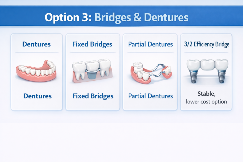 Comparison of restorative dental options including full dentures, fixed bridges, partial dentures, and stable 3/2 efficiency bridges.