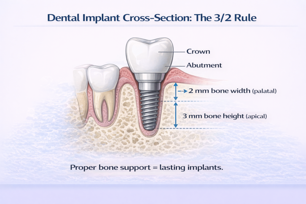 Diagram showing a dental implant cross-section and the 3/2 rule for proper bone width and height to ensure lasting support.