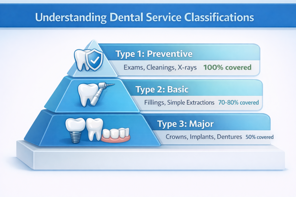Pyramid infographic showing dental coverage: Type 1 (Preventive) at 100%, Type 2 (Basic) at 70-80%, and Type 3 (Major) at 50%.