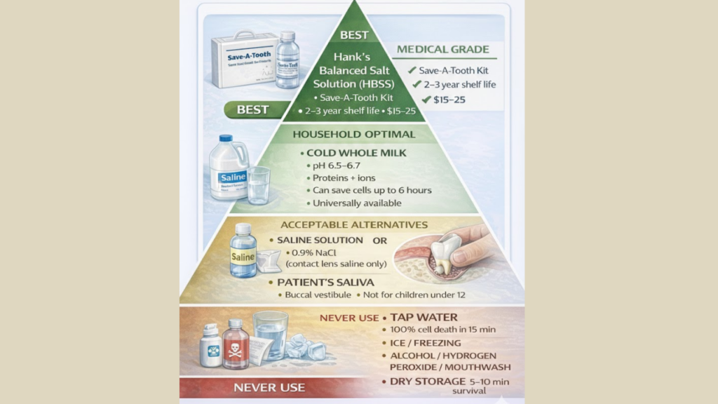Infographic ranking best storage solutions for a knocked-out tooth, from medical kits and milk to saline.