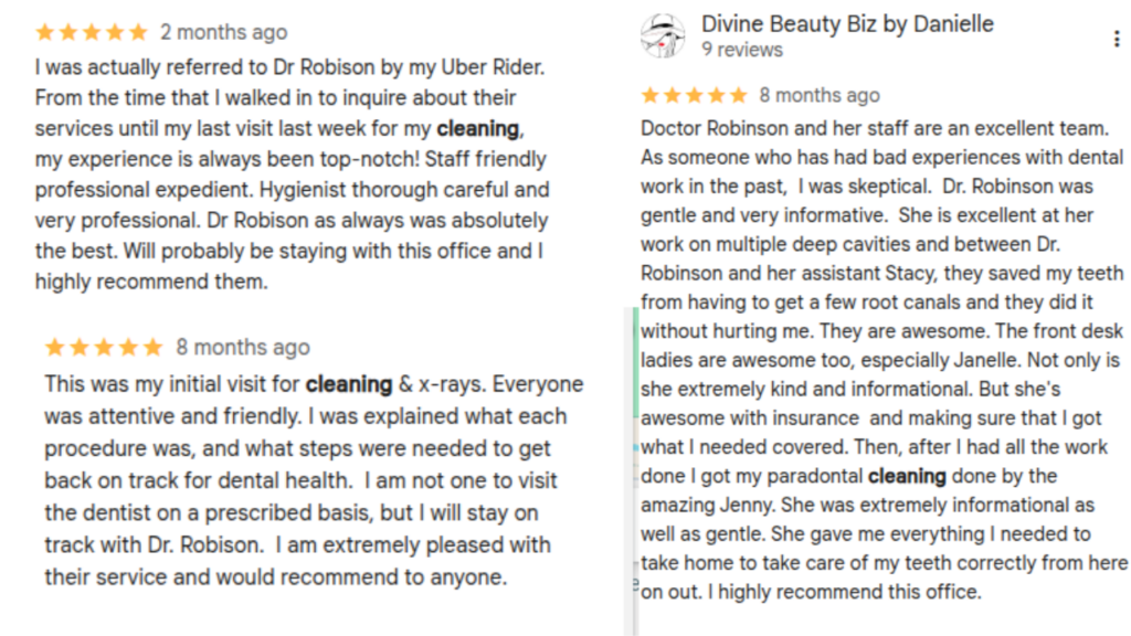 Three five-star Google reviews praising Dr. Robinson and her dental staff for their professionalism, gentle care, and thorough cleanings.