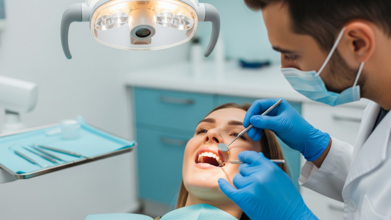 examining a patient’s teeth Dentist examining a patient’s teeth in the clinic