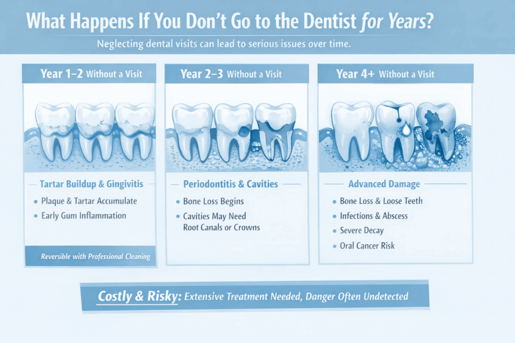 Dental health timeline: 1 to 4 years An infographic showing what happens to teeth without dental visits over 4+ years. It illustrates the progression from tartar buildup and gingivitis (Years 1-2), to periodontitis and bone loss (Years 2-3), to advanced damage, infections, and tooth loss (Year 4+)
