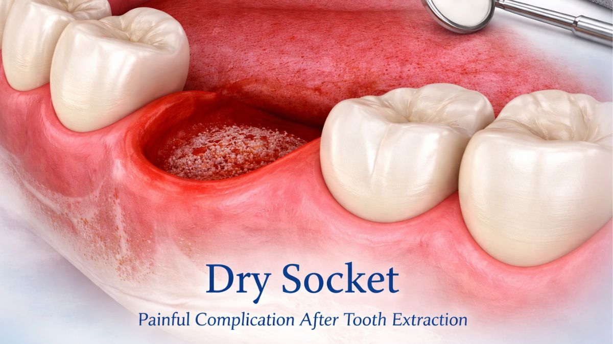 Illustration of a dry socket dental complication showing an empty tooth extraction site with exposed bone and inflamed red gums.