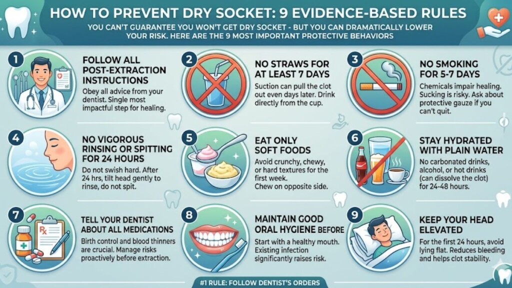 Infographic showing 9 rules to prevent dry socket: follow post-extraction instructions, no straws for 7 days, no smoking, no vigorous rinsing, eat soft foods, stay hydrated, disclose medications, maintain oral hygiene, and keep head elevated.