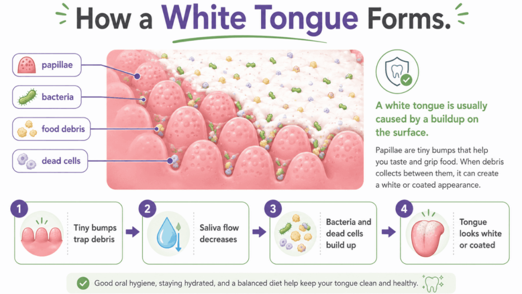 Causing Your Tongue to Turn White (1) Infographic showing how bacteria and debris build up to cause a white tongue