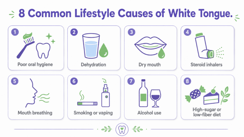 Infographic explaining common lifestyle causes of white tongue including dehydration and smoking
