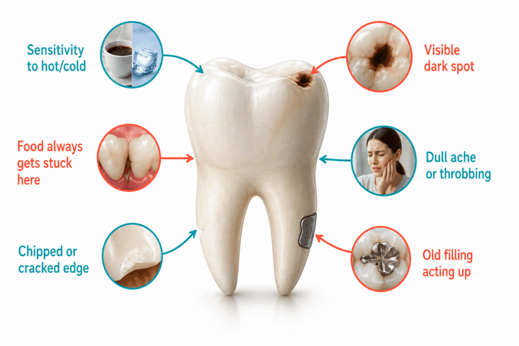 Illustration showing common signs you may need a dental filling, including tooth sensitivity, a visible cavity, food getting stuck, toothache, chipped tooth, and an old filling.