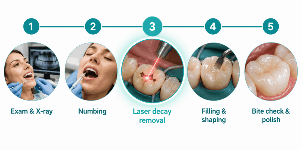 Step-by-step dental filling procedure showing the exam and X-ray, numbing, laser decay removal, filling placement, and bite check with polishing.