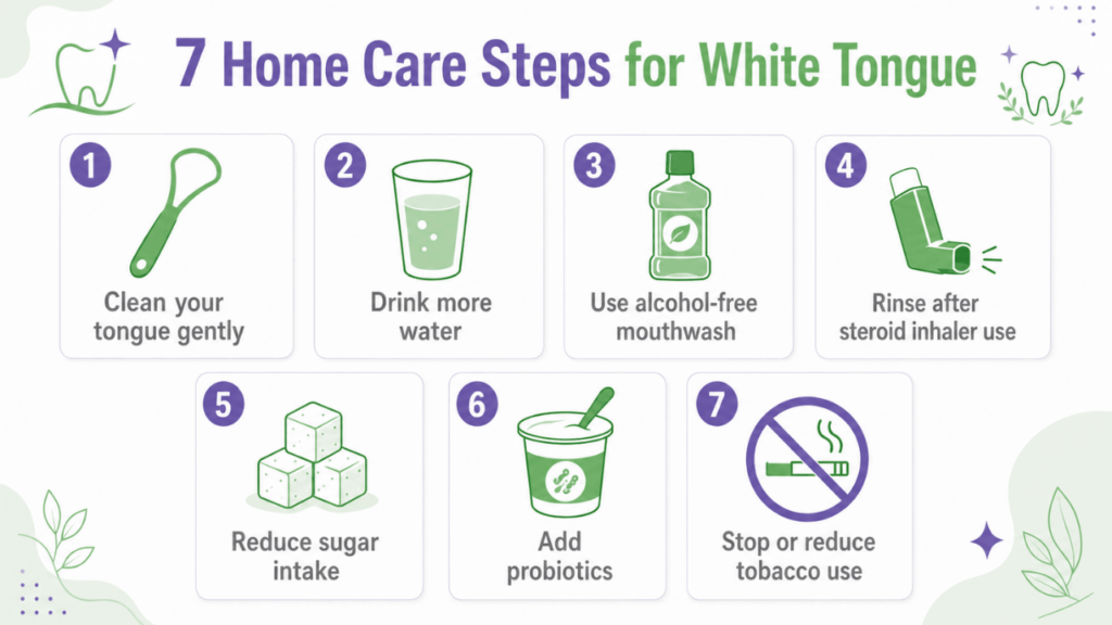 Get Rid of a White Tongue (1) Infographic showing home remedies and oral care tips for white tongue