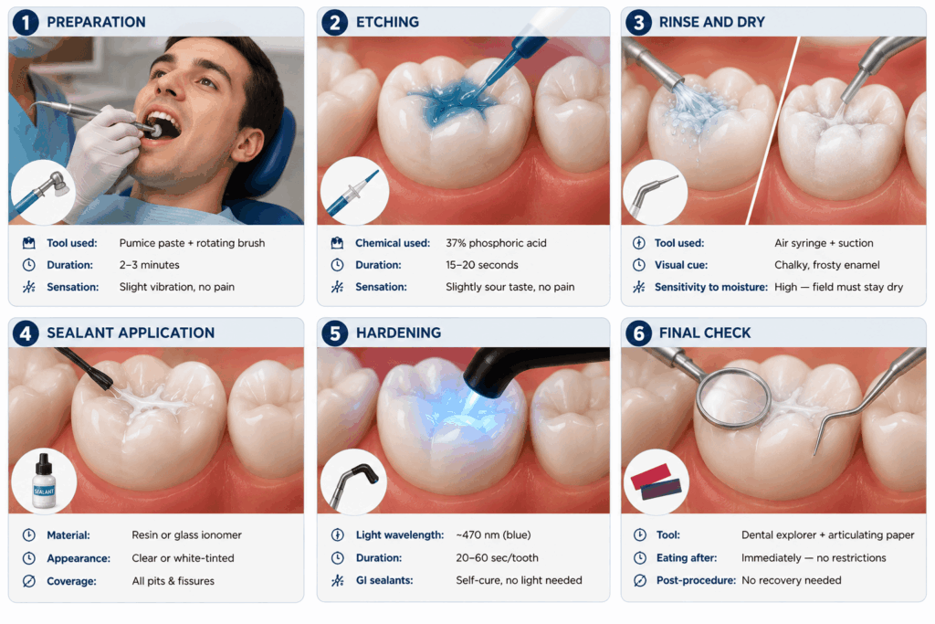 Step-by-step infographic showing the dental sealant procedure on adult teeth