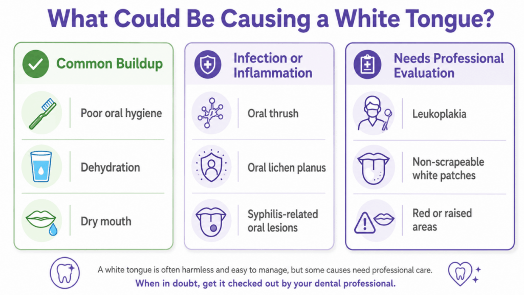 Medical infographic showing possible causes of a white tongue