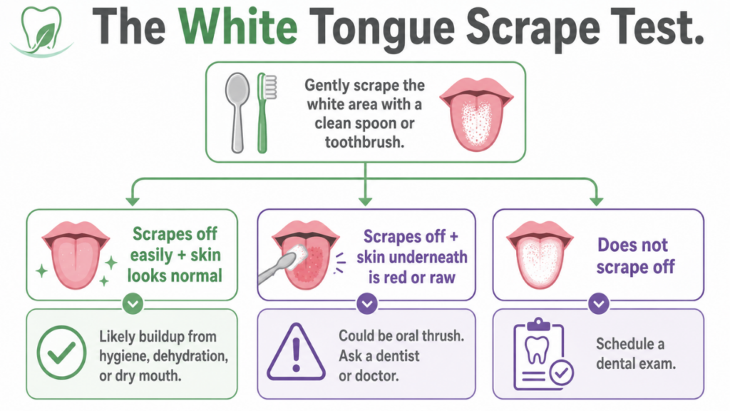 The Scrape Test Step by step infographic showing the scrape test for white tongue