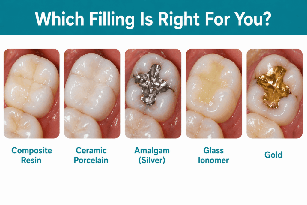Comparison of dental filling types, including composite resin, ceramic porcelain, amalgam (silver), glass ionomer, and gold fillings.