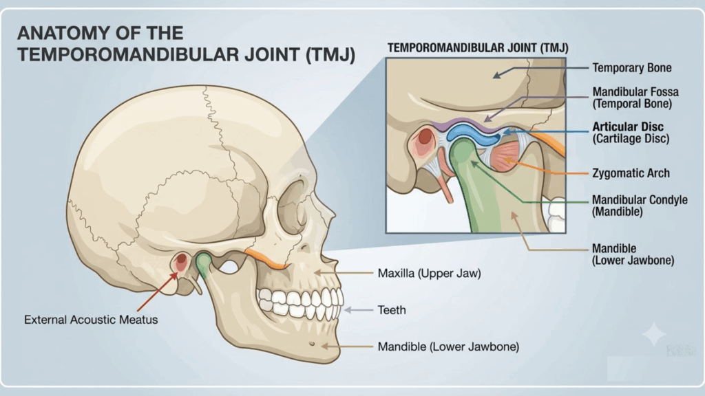 Diagram showing the anatomy of the temporomandibular joint (TMJ) and jaw structure