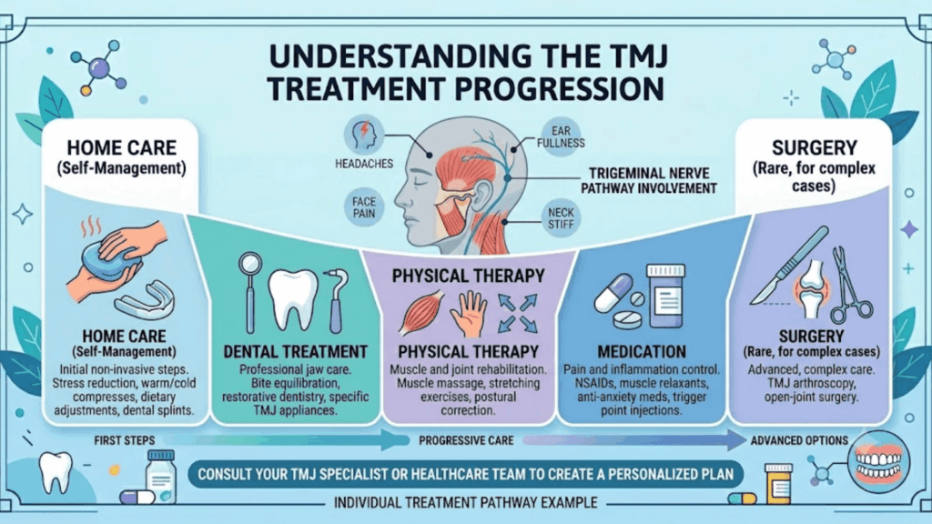 Infographic showing the step-by-step treatment progression for TMJ disorder, from home care and dental treatment to physical therapy, medication, and surgery