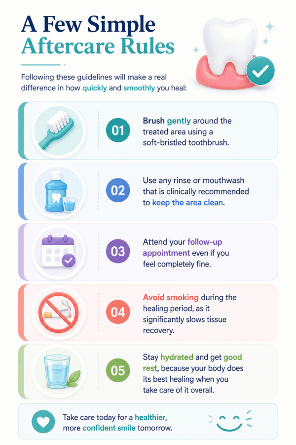 Infographic showing gum contouring aftercare instructions, including gentle brushing, using recommended mouthwash, attending follow-up visits, avoiding smoking, and staying hydrated during healing.
