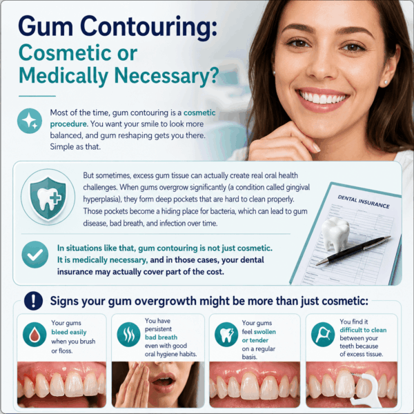 Infographic explaining when gum contouring is cosmetic or medically necessary, common signs of excess gum tissue, and potential dental insurance coverage.