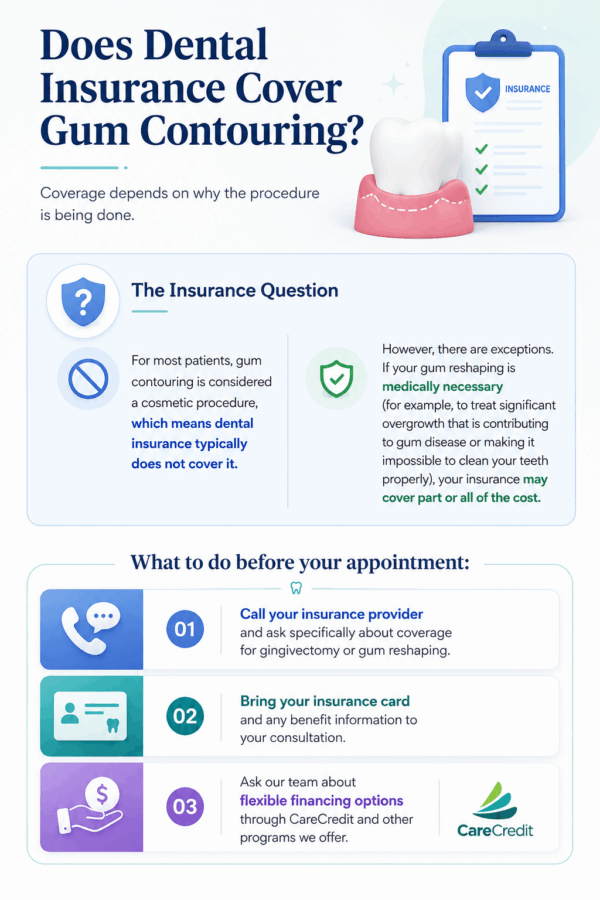 Infographic explaining when dental insurance may cover gum contouring, what affects coverage, and how to prepare for your consultation and financing options.