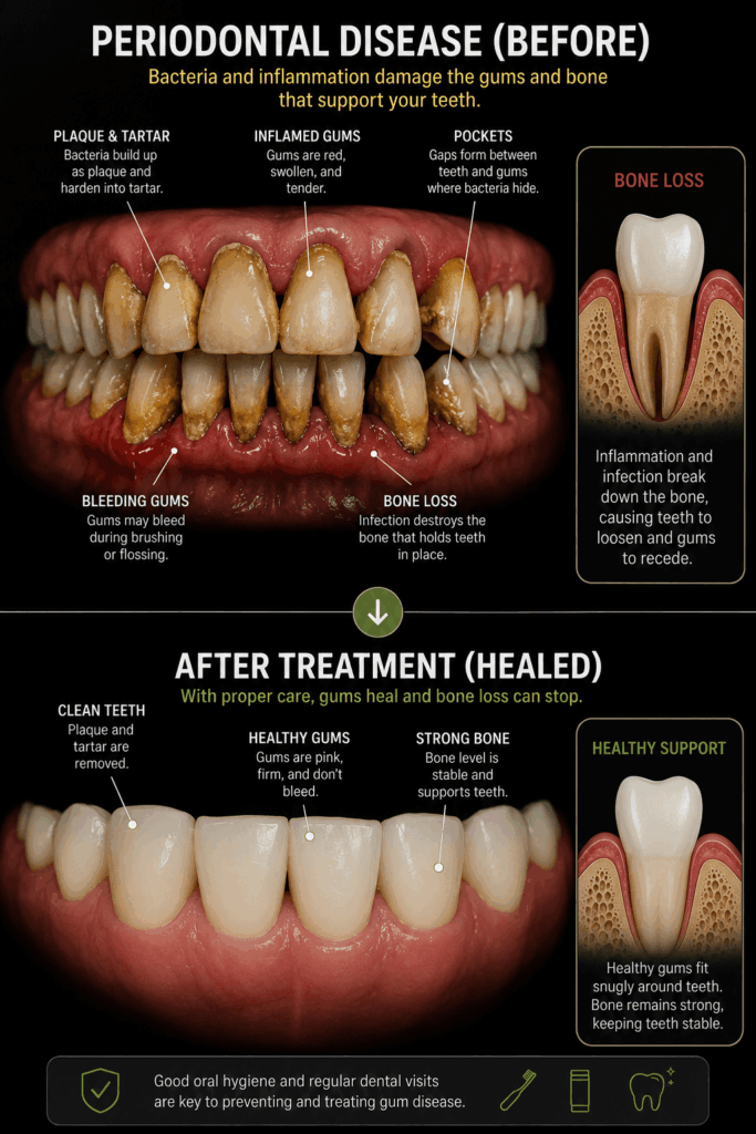 Periodontal disease before and after treatment with healthy gums.