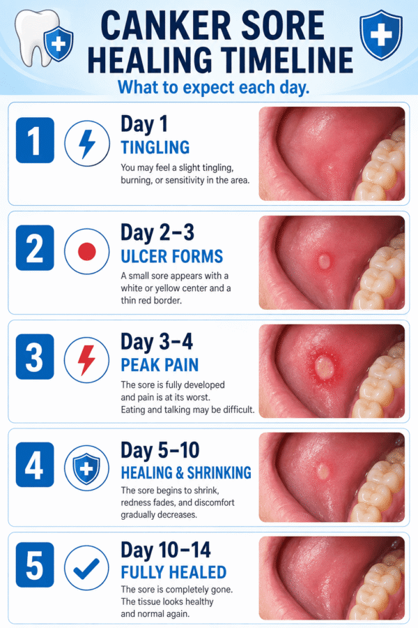 Canker sore healing timeline showing stages from early symptoms to complete recovery over 14 days