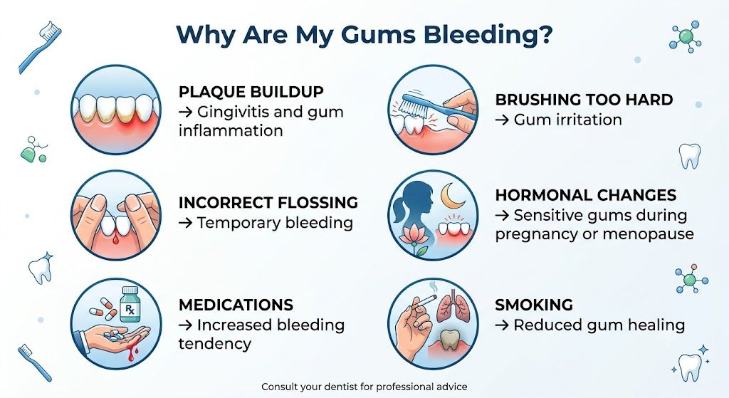 Causes of Bleeding Gums Common causes of bleeding gums including plaque buildup and gum irritation