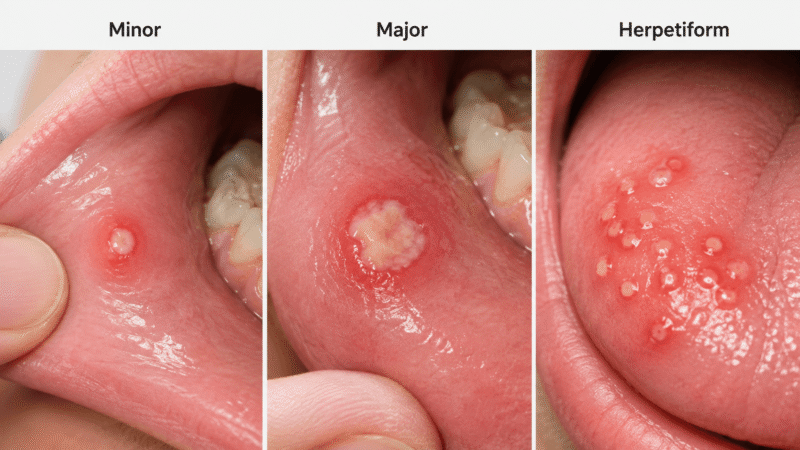 Types of canker sores showing minor, major, and herpetiform mouth ulcers on oral tissue