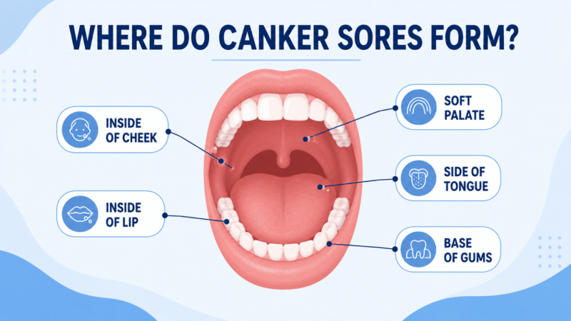 Locations where canker sores form inside the mouth including cheeks, lips, tongue, soft palate, and gums