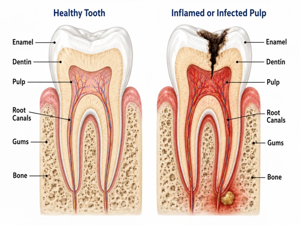 healthy tooth and inflamed pulp Side-by-side cross-section diagram comparing a healthy tooth to a tooth with severe cavity decay, inflamed red pulp, and a root infection, with labeled parts including enamel, dentin, pulp, root canals, gums, and bone.