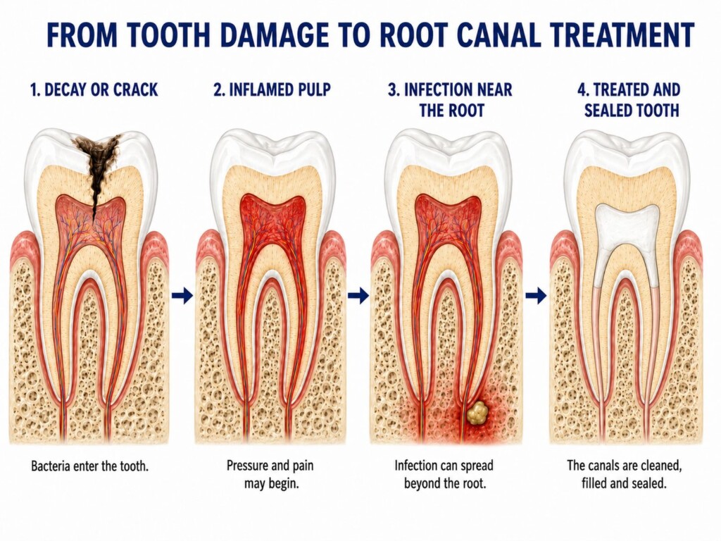 tooth damage to canal treatment Diagram showing the four stages of root canal treatment: 1. Decay or crack allowing bacteria to enter, 2. Inflamed pulp causing pressure and pain, 3. Infection spreading near the root, and 4. A treated, cleaned, filled, and sealed tooth.