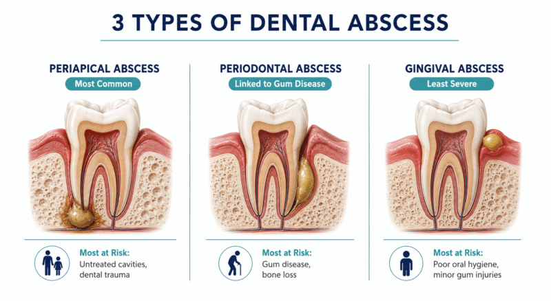 3 Types of Dental Abscess Illustration of three types of dental abscesses: periapical, periodontal, and gingival.