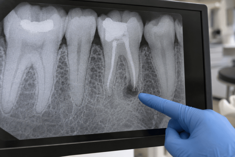 Dead Tooth Infection Dental X-ray showing a root canal-treated tooth with a dark area near the root tip, indicating a possible infection.