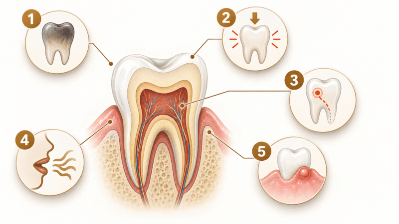 Dead Tooth Symptoms Illustration showing dead tooth symptoms, including discoloration, tooth pain, nerve damage, bad breath, and gum swelling.