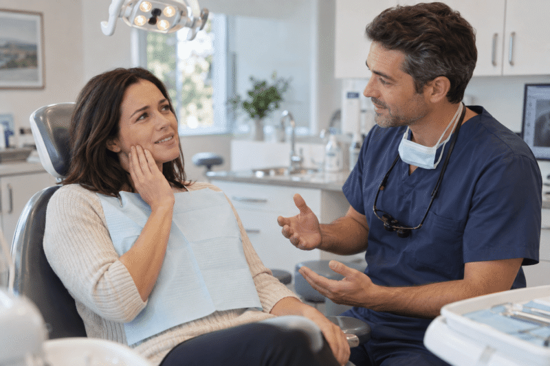 Does a Dead Tooth Hurt? Patient experiencing tooth pain while discussing dead tooth symptoms and discomfort with a dentist.