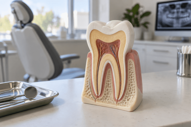 How a Tooth Actually Dies Cross-section model of a tooth showing the pulp, nerves, and blood vessels affected when a tooth dies.