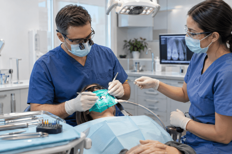 Dentist performing root canal treatment to remove infected pulp and save a damaged tooth.