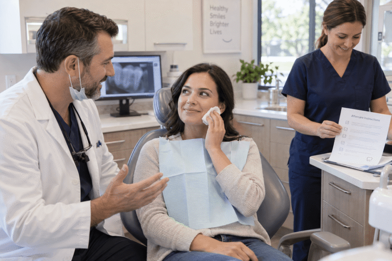Dentist discussing tooth extraction and aftercare instructions with a patient following dental treatment