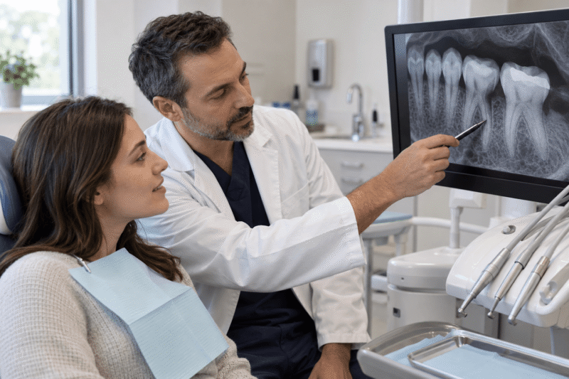 What Causes a Dead Tooth Dentist explaining a dental X-ray to a patient while discussing possible causes of a dead tooth.